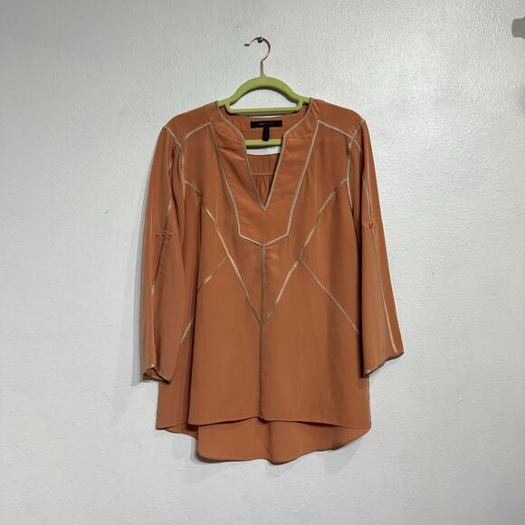 BCBGMAXAZRIA Dusty Pink Geometric Trim Silk Roll Tab Sleeves Blouse Sz S - Picture 1 of 10